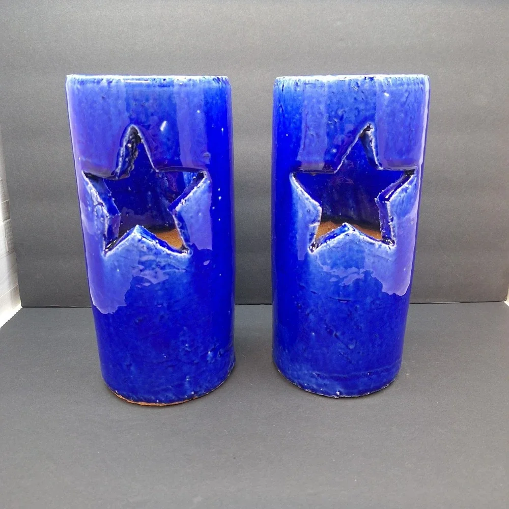 X2 Celestial Blue Star Cut Outs Art Pottery Luminary Tea Light Votive Holder Set